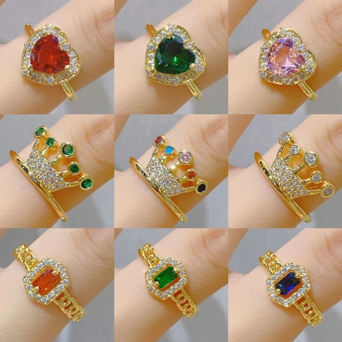 Leichter Luxus Vergoldeter Kupfer Offener Ring Für Damen Herz Krone Geometrischer Strass Verstellbarer Fingerring Schmuck Geschenk