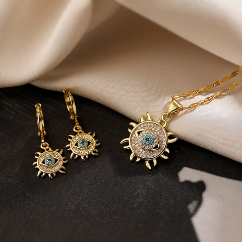 Evil Eye Sonne Halskette Und Ohrringe Kupfer 18K Vergoldet Zirkon Mode Vintage Pendler Stil Für Frauen