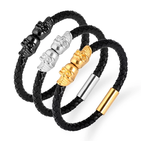 Pulsera De Cuero Trenzado Con Calaveras Gemelas Y Cierre Magnético De Acero Inoxidable Joyería Punk Rock Para Hombres Mujeres