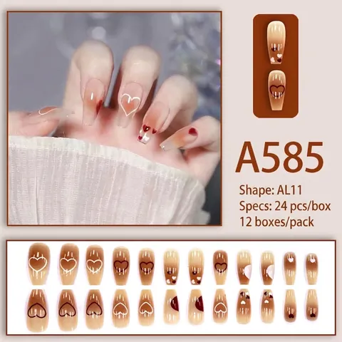 Press On Nails Long Coffin Acrylic Nail Tips Heart Pattern Gradient Blush Glossy Elegant Sweet INS Style For Women Girls