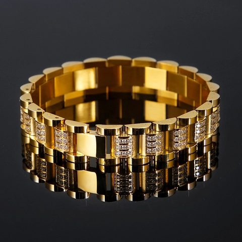 Pulsera Hip Hop Para Hombre De Acero Inoxidable Cadena Estilo Reloj Con Circonita Cúbica Iced Out Chapado En Oro Y Plata