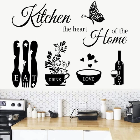 Autocollants Muraux Cuisine Cœur De La Maison Stickers PVC Salle À Manger Couverts Tasse À Café Papillon Noir