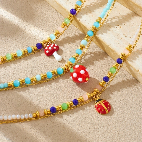 Stainless Steel Double Layer Bracelet For Women With Enamel Mushroom Strawberry Ladybug Pendants And Fabric Weave Chain