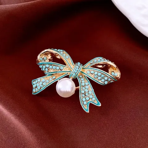 Spilla A Fiocco Vintage Lega Tonalità Oro Con Perla Artificial Sintetica E Künstliche Perle In Resina Blu Elegante Spilla Retro Da Donna