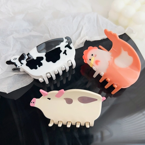 Mollette Capelli Acetato Animali Cartone Animato Maiale Mucca Gallina Per Donne Ragazze Accessorio Per Acconciatura Quotidiana