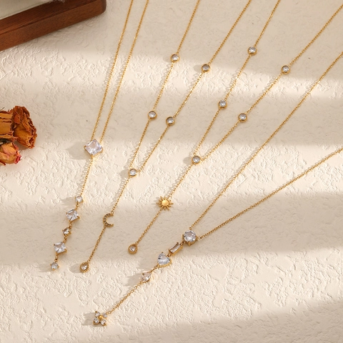 Collier Lariat En Forme De Y En Acier Inoxydable Avec Pendentif Lune Étoile Coeur En Zircone Cubique Bijoux Dorés Pour Femmes
