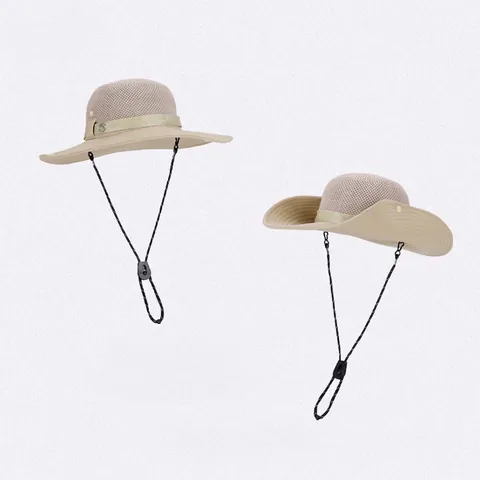 Wide Brim Sun Bucket Hat For Men Outdoor Fishing Hiking Breathable Mesh Hollow UV Protection Windproof Rope
