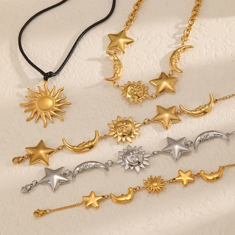 Celestial Sun Moon Star Charm Bracelet And Necklace Stainless Steel Gold Silver Plated Non Fading Bohemian Jewelry For Women