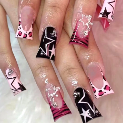Press On Nägel Lang Coffin Y2K Leopard Stern Muster Mit Strass Stern Anhänger Trendige Künstliche Fingernägel Für Frauen