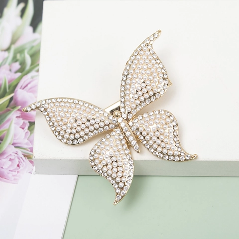 Large Butterfly Hair Clip Zinc Alloy Faux Artificial Pearl Rhinestone Elegant Spring Barrette For Women Girls