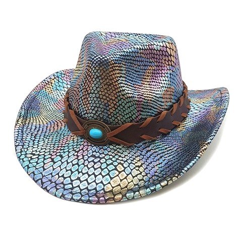 Western Cowboy Hat Iridescent Metallic Snake Pattern Scale Texture Polyester With Faux Leather Band And Turquoise Wide Brim