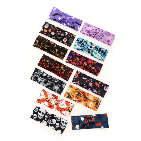 Halloween Headband Twisted Layered Elastic Fabric Sweat Wicking Hair Band For Yoga Running Sports Pumpkin Skull Print