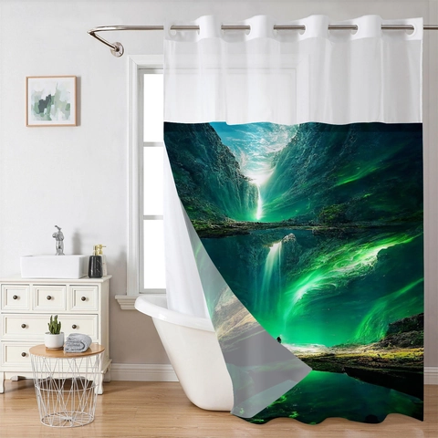 Wasserdichter Duschvorhang Polyester Mit Integrierten Ringen Hakenlos Doppellagig Abnehmbarem Futter Netzfenster Modern Bedruckt