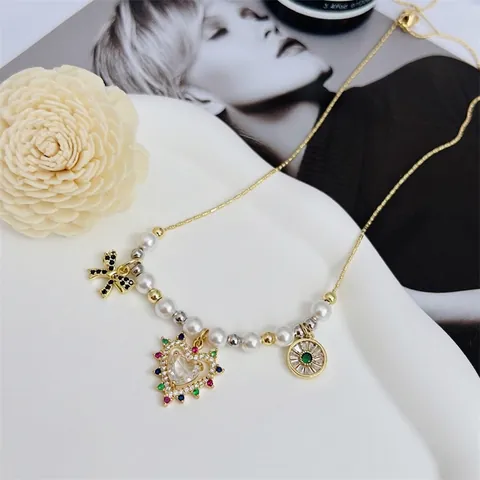18K Vergulde Koperen Halskette Met Kunstparel Kleurrijke Zirconia Hart Strik Ster Kruis Hanger Mode Sieraden
