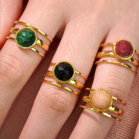 Vintage Stainless Steel Open Ring For Women 14K Gold Plated Natural Stone African Jade Black Onyx Geometric Jewelry