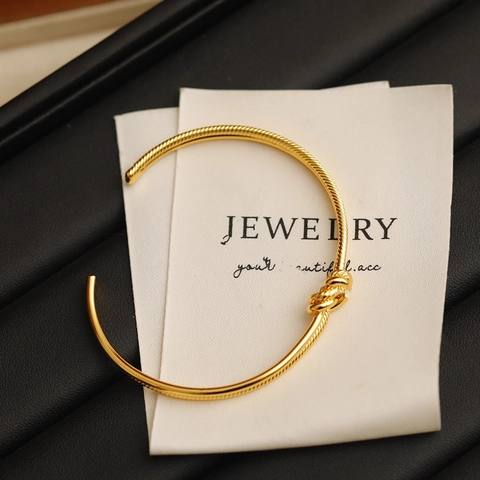 Knoop Open Armband 18K Verguld Messing Gedraaide Touwtextuur Verstelbare Minimalistische Vintage Sieraden