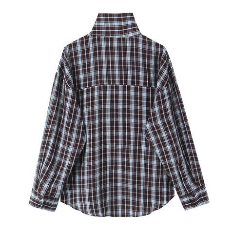 Damen Kariertes Hemd Bluse Polyester Langarm Asymmetrischer Stehkragen Seitliche Knöpfe Retro Elegant Schick Tops