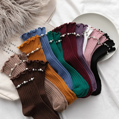 Chaussettes Mi-Mollet Pour Femmes Coton Tricot Côtes Bord Volanté Avec Künstliche Perles Couleur Unie Style Doux Japonais