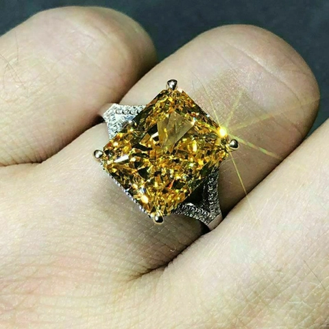 Luxury Radiant Cut Yellow Zircon Ring Copper Material Square Gemstone Wedding Engagement Jewelry For Women