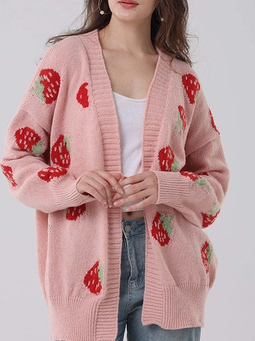 Dames Plus Size Gebreid Vest Roze Zoet Aardbeienpatroon V-Hals Lange Mouwen Losse Casual Trui