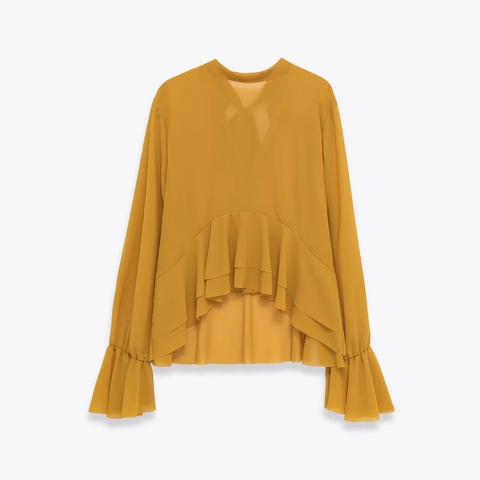 Damen Langarm Chiffon Bluse Rüschen Glockenärmel Lagenlook Saum Schleife Mode Lässig Einfarbig Oberteil