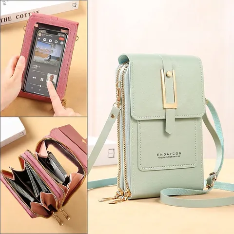 Damen Handy Umhängetasche PU Leder Lychee Muster Transparentes Touchscreen Fenster Geldbörse Kleine Schultertasche