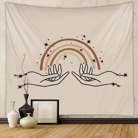 Arazzo Da Parete Bohemien Mani Che Tengono Arcobaleno Stelle Arte Lineare Minimalista Tessuto Appeso Poliestere Decorazione Stanza