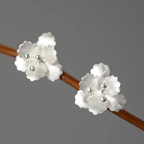 925 Sterling Silver Begonia Flower Stud Earrings Fresh Sweet Sandblasting Matte Silver Gold Two-Tone Floral Earrings Women Jewelry
