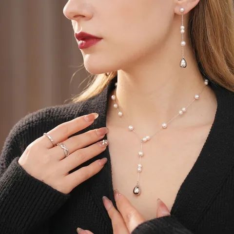 Gioielli Con Künstliche Perle Imitazione Elegante Ciondolo Goccia D'Acqua Collana A Y E Orecchini Con Perno In Argento