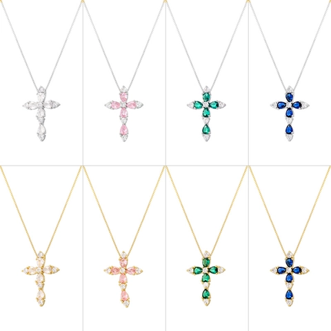 Collana Ciondolo Croce Zirconia Cubica Rame Zircone Colorato Catena Box Gioielli Hip Hop Per Donne