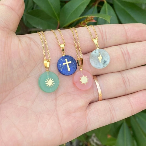 Collana Con Pendente In Pietra Naturale Tonda Acciaio Inossidabile Motivo Croce Fulmine Sole Gioielli Alla Moda Per Donna