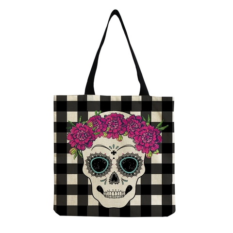 Große Kapazität Leinen Tote Tasche Zuckerschädel Blumenmuster Schultertasche Für Damen Studenten Tragbare Shopping Handtasche Gothik Kunst