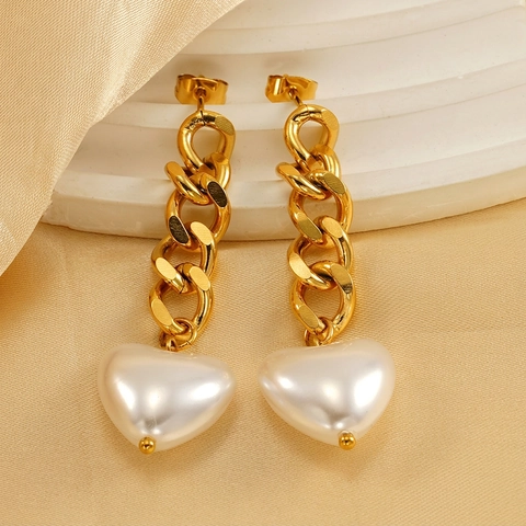 Heart Artificial Pearl Drop Earrings 18K Gold Plated Stainless Steel Cuban Link Chain Dangle Vintage Fashion Jewelry For Women