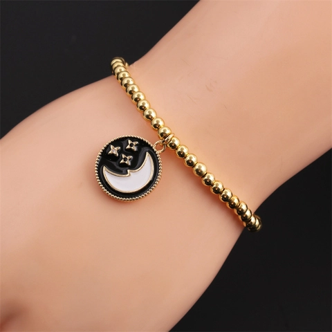 Golden Copper Bead Bracelet Women Star Moon Pendant Enamel Drip Oil Elastic Celestial Style Jewelry Elegant Trendy Accessory
