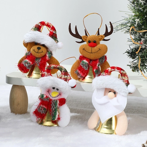 Christmas Doll Bell Ornaments Santa Snowman Reindeer Bear Plush Plaid Fabric Metal Bell Hanging Tree Decorations
