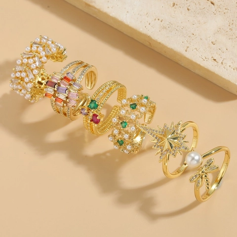 Anillo de Cobre Bañado en Oro de 14K de Lujo para Mujer Con Circonia Y Perla Artificial Elegante Abierto Ajustable Joyería de Moda Regalo