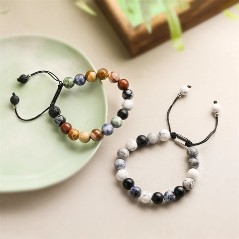 Natural Stone Beaded Bracelet Adjustable Braided Rope Copper Slider Minimalist Geometric Jewelry For Women Men