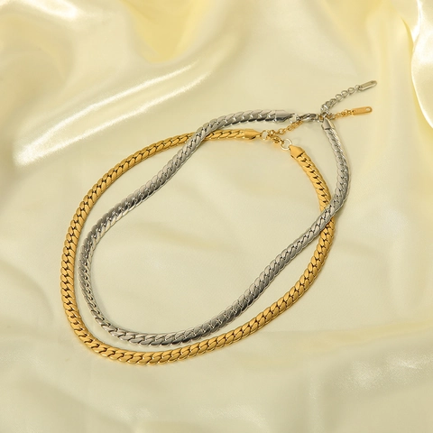 Minimalist Snake Chain Necklace 18K Gold Plated Stainless Steel Flat Herringbone Choker For Women Men Retro Style