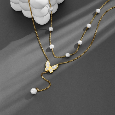Double Layered Butterfly Necklace Stainless Steel Mother Of Artificial Pearl Pendant Artificial Pearl Tassel Gold Plated Jewelry For Women
