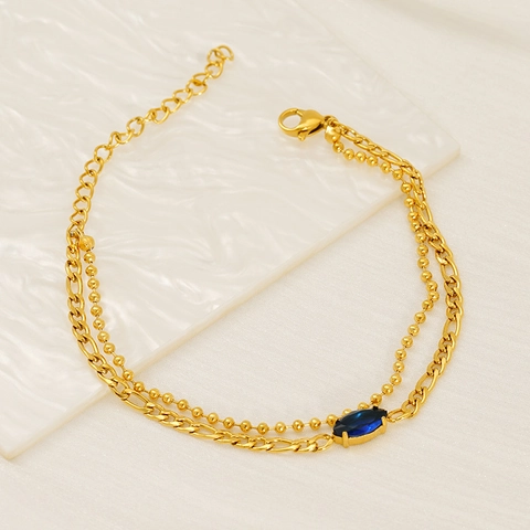 Double Layer Bracelet 18K Gold Plated Stainless Steel Marquise Cut Zircon Round Bead Figaro Chain Fashion Jewelry Women