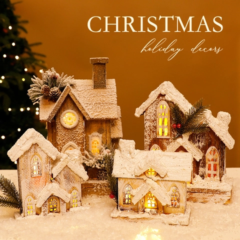 Kerst Lichtgevend Houten Huis LED Licht Hut Besneeuwde Decoratieve Ornament Tafelblad Figuurtje Hout Ambacht Voor Thuis
