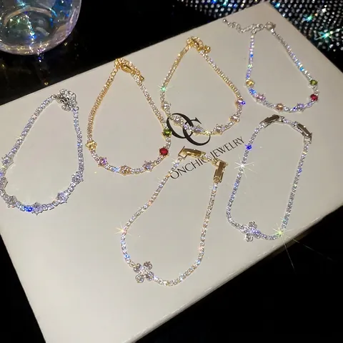 Elegant Women Fashion Colorful Zircon Bracelet Copper With Gold Plated Luxury Sparkling Adjustable Link Jewelry Gift