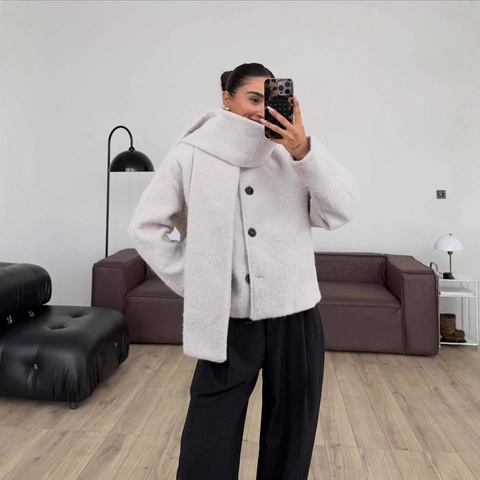 Dames Korte Tweed Jas Met Bijpassende Sjaal Lange Mouwen Effen Kleur Winter Warme Boucle Wolmix Mantel Minimalistisch