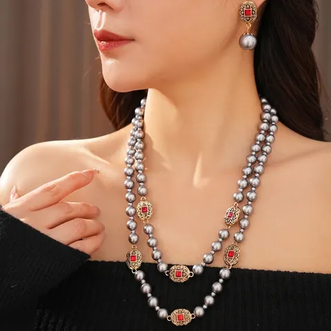 Vintage Jewelry Necklace And Earrings Double Layer Faux Artificial Pearl Alloy Rhinestone Silver Earring Post Baroque Style Women