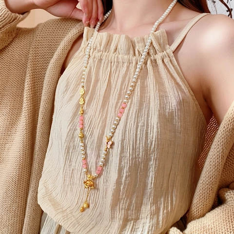 Collar De Cadena Larga Para Suéter De Estilo Chino Nuevo Con Perla Artificial De Imitación Cobre Loto Mariposa Colgante De Gourd Borla Joyería Vintage Para Mujer
