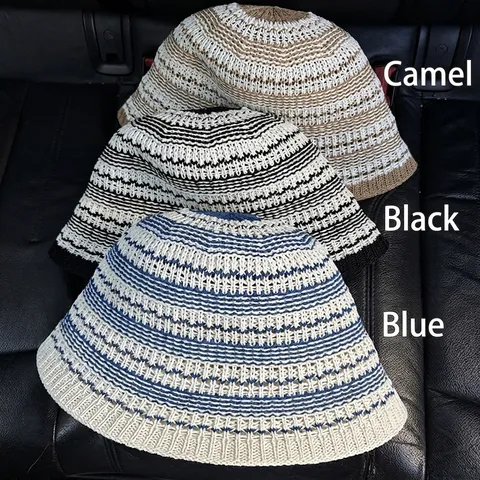 Knitted Bucket Hat Polyester Striped Hollow Crochet Breathable Sun Protection Foldable Casual Fisherman Hat For Women