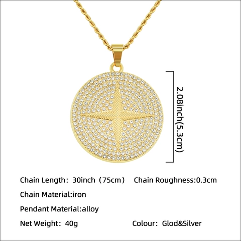 Hip Hop Iced Out Runder Anhänger Halskette Zinklegierung Kreuz Stern Rhinestone Eisen Seilkette Streetwear Schmuck Für Herren