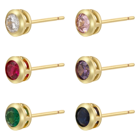 Round Stud Earrings Brass 18K Gold Plated Colorful Cubic Zirconia Bezel Set Minimalist Jewelry For Women