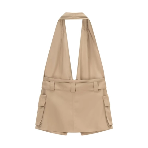 Halter Neck Cargo Top With Pockets And Belt Khaki Polyester Slim Fit Open Back Utility Sexy Vest For Women