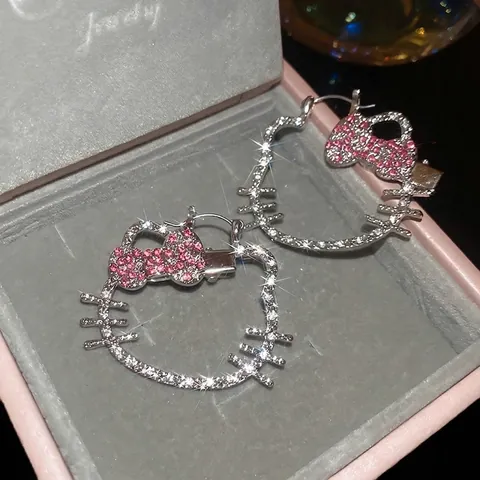 Katzen Creolen Hohlform Strass Mit 925 Sterling Silber Ohrstecker Funkelnder Süßer Schmuck Für Damen